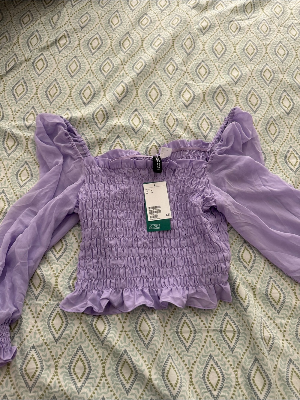 H&M Lavender Smocked Puff-Sleeve Crop Top
